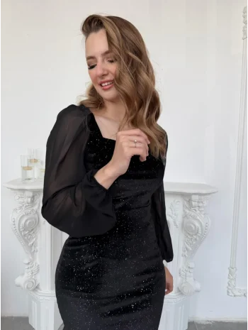 Şifon Kol Detaylı Sim Işıltılı Kadife Siyah Elbise