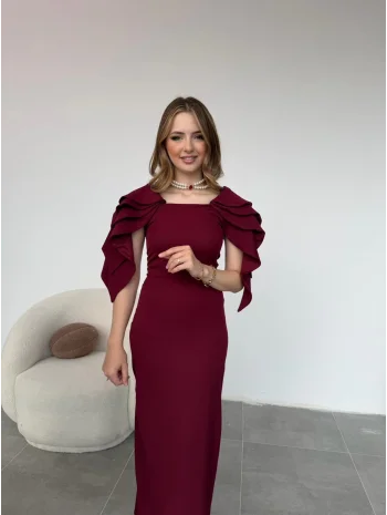 Şık Kat Detaylı Angel Model Bordo Elbise