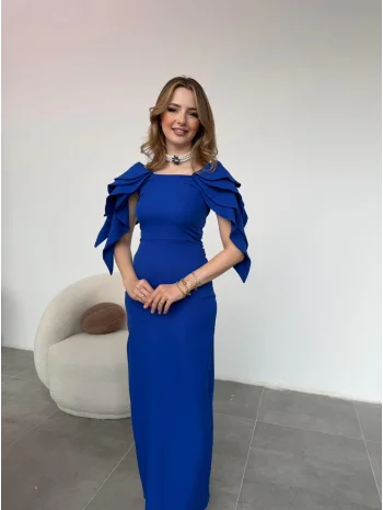 Şık Kat Detaylı Angel Model Saks Elbise