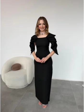 Şık Kat Detaylı Angel Model Siyah Elbise