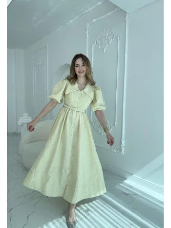 Sivri Bebe Yaka Balon Kollu Sarı Brode Elbise