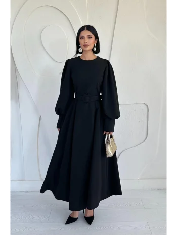 Siyah Balon Kollu Kemerli Elbise