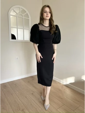 Diana Siyah Tül ve İnci Detaylı Elbise