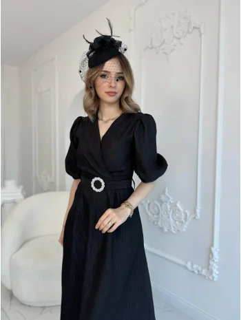 Siyah Işıltılı Kemerli Kruvaze Elbise