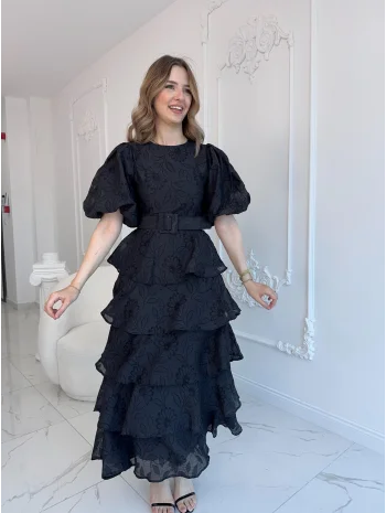 Siyah Kat Kat Balon Kollu Kemerli Elbise