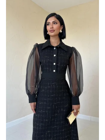 Siyah Kolu Organze Garnili Elbise