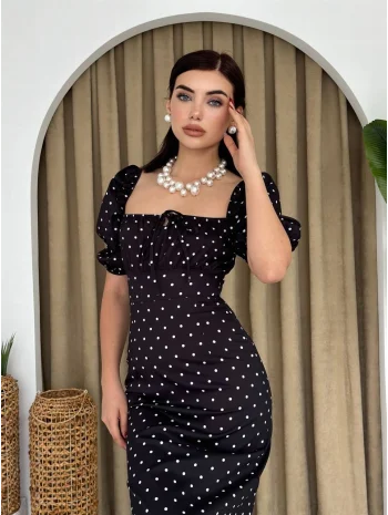 Siyah İpli ve Puantiyeli Balon Kol Elbise