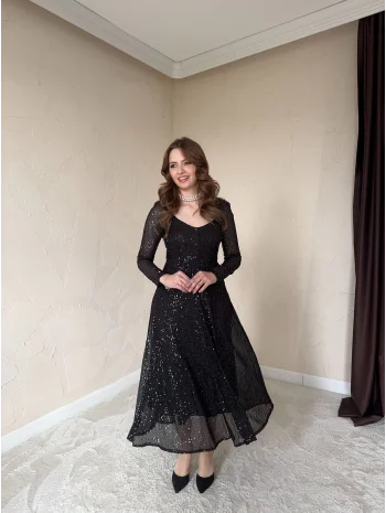 Parla Siyah Pul Parıltılı Midi Boy Elbise