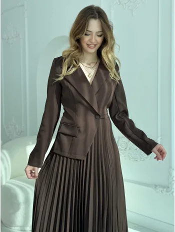 Takım Görünümlü Pileli Kahve Maxi Elbise