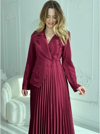 Takım Görünümlü Pileli Bordo Maxi Elbise