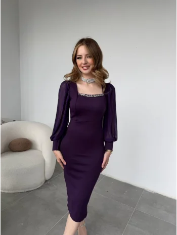 Taş Detaylı Kare Yaka Tül Kollu Midi Boy Mor Elbise