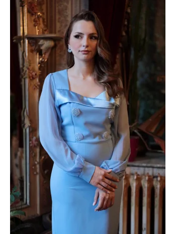 Taş Düğmeli Saten Yaka Detaylı Şifon Kol Mavi Elbise