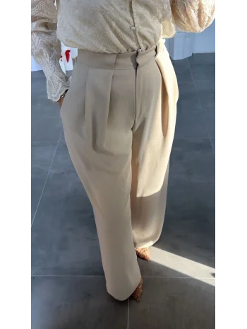 Taş Rengi Yüksek Bel Pileli Palazzo Pantolon