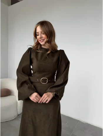 Tokalı Kemer Detaylı Süet Haki Elbise