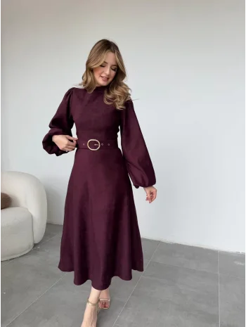 Tokalı Kemer Detaylı Süet Mürdüm Elbise