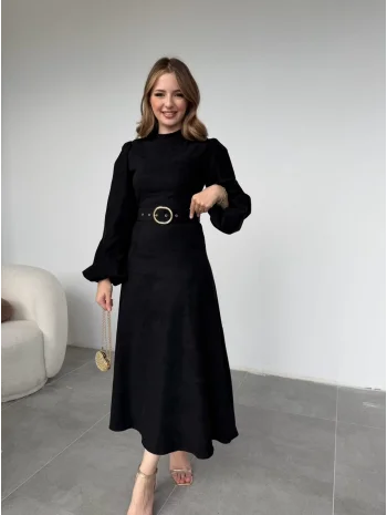 Tokalı Kemer Detaylı Süet Siyah Elbise