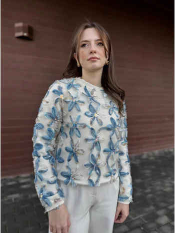 Tül ve Pul İşlemeli Çiçekli Mavi Triko Kazak