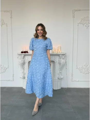 Üç Boyutlu Gül Aplike Kabartmalı Balon Kol Bej Mavi Elbise