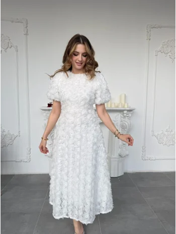 Üç Boyutlu Gül Aplike Kabartmalı Balon Kol Ekru Midi Elbise