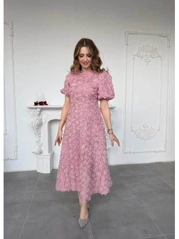 Üç Boyutlu Gül Aplike Kabartmalı Balon Kol Pembe Midi Elbise
