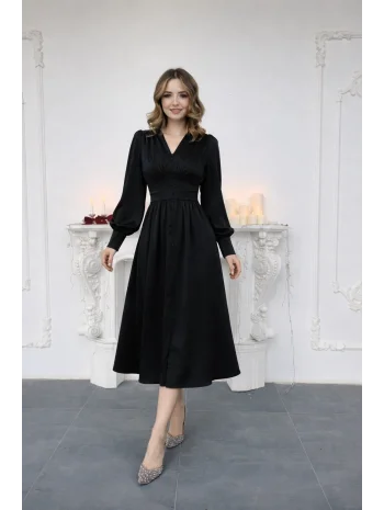V Yaka Düğme Detaylı Saten Midi Boy Siyah Elbise