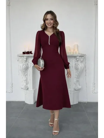 V Yaka Taş Detaylı Şifon Kollu Atlas Bordo Elbise