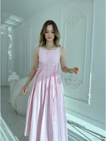 Yan Bağcıklı Korse Formlu Pembe Elbise