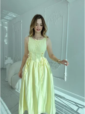 Yan Bağcıklı Korse Formlu Sarı Elbise
