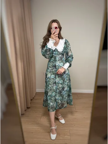 Yeşil Çiçekli Flora Elbise