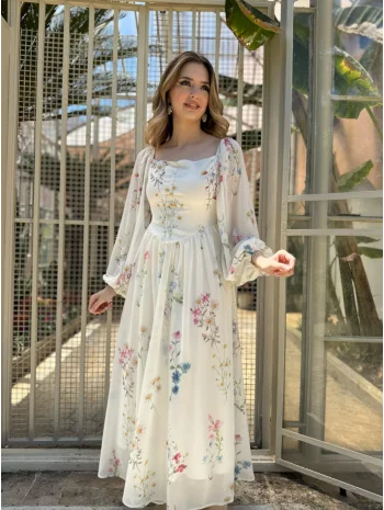 Yulia Çiçek ve Korse Detaylı Şifon Krem Elbise ( HELİS ÖZEL TASARIMI )