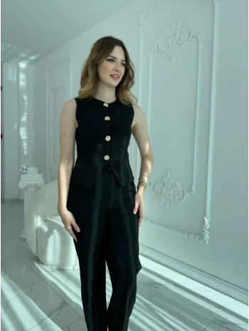Zarif Kesimli Gold Düğmeli Pantolon & Yelek Takım Siyah