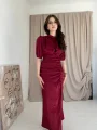 Önü Büzgülü Bordo Saten Elbise