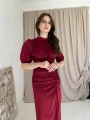 Önü Büzgülü Bordo Saten Elbise