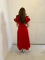 Fırfır Gül Kol Detaylı Kırmızı Maxi Boy Elbise