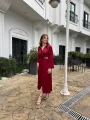Saten Tam Boy Bel Detaylı Bordo Elbise
