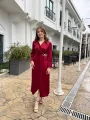 Saten Tam Boy Bel Detaylı Bordo Elbise
