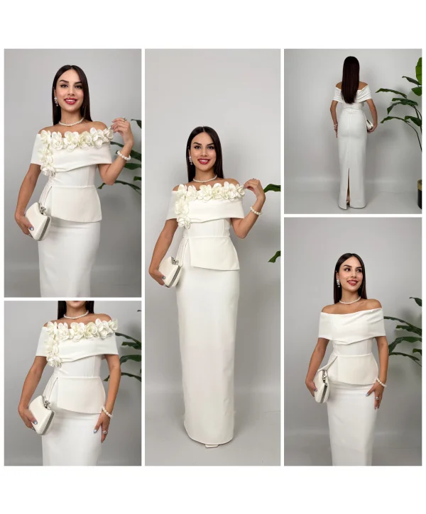 3D Çiçek Detaylı Madonna Yaka Tam Boy Beyaz Abiye Elbise