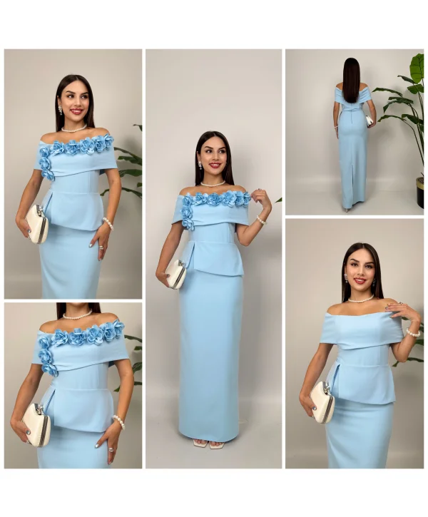 3D Çiçek Detaylı Madonna Yaka Tam Boy Mavi Abiye Elbise