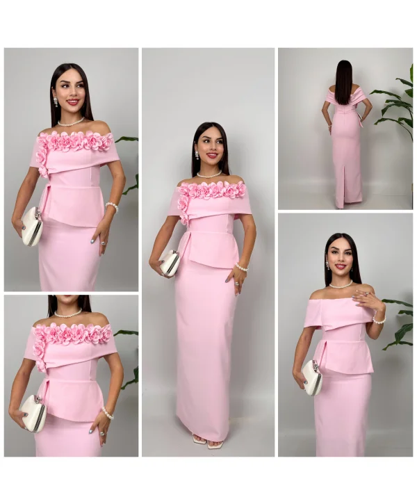 3D Çiçek Detaylı Madonna Yaka Tam Boy Pembe Abiye Elbise