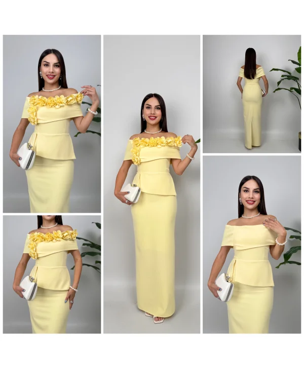 3D Çiçek Detaylı Madonna Yaka Tam Boy Sarı Abiye Elbise