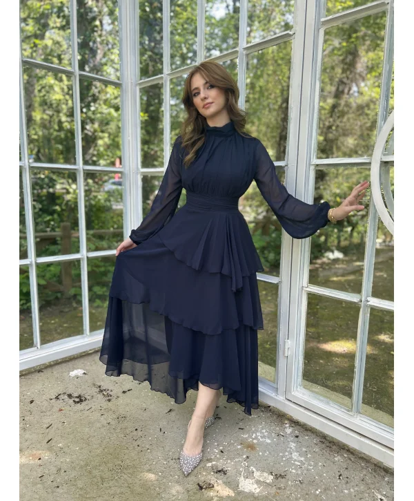 Kat Kat Şifon Lacivert Elbise