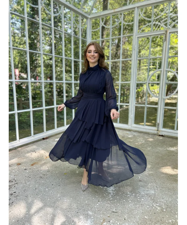 Kat Kat Şifon Lacivert Elbise