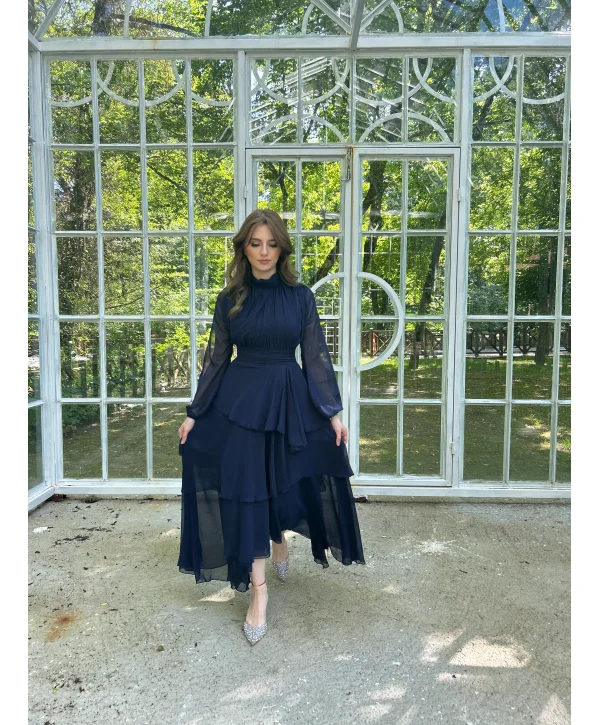 Kat Kat Şifon Lacivert Elbise