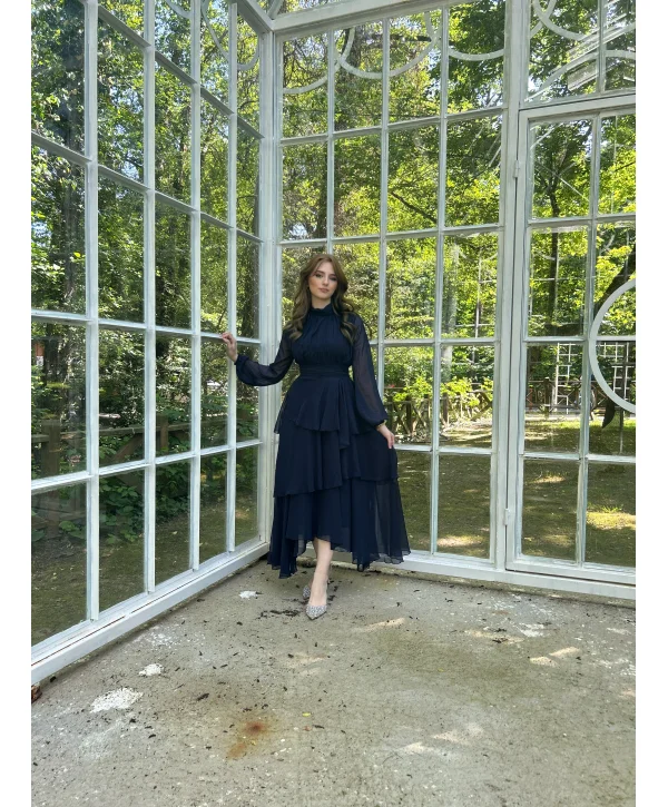 Kat Kat Şifon Lacivert Elbise