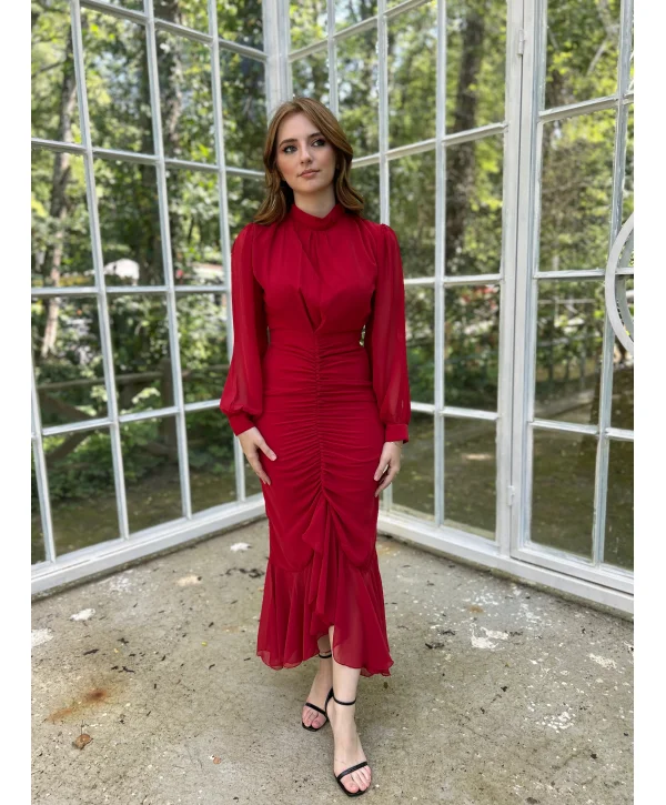 Alina Kırmızı Şifon Elbise