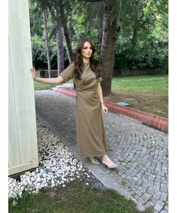 Haki Keten maxi boy elbise