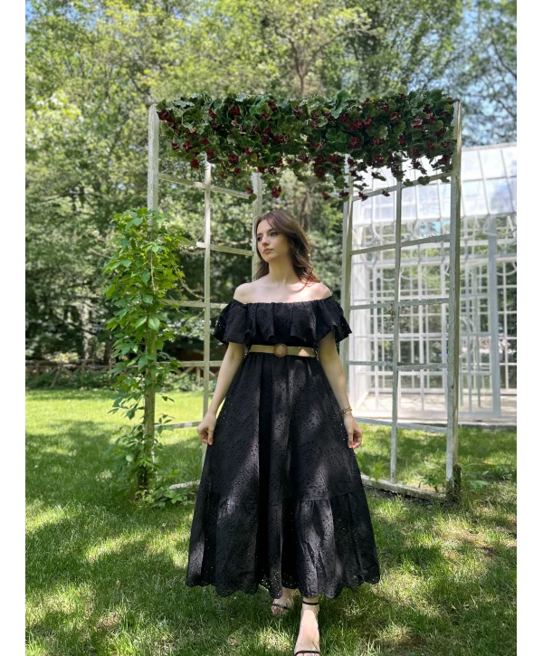 Siyah Fisto Kemerli Elbise