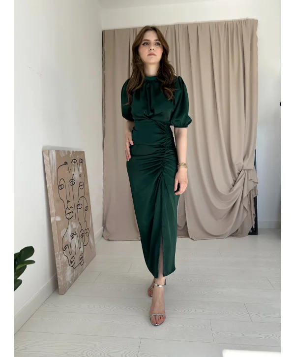 Önü Büzgülü Zümrüt Saten Elbise