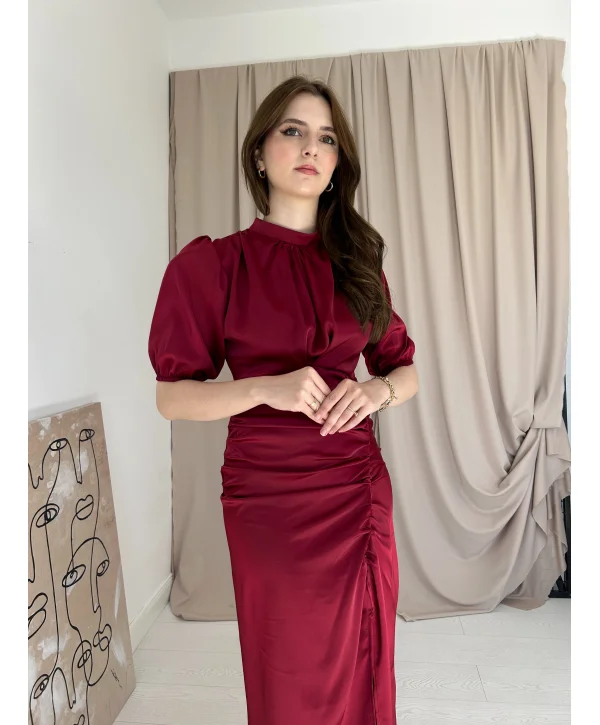 Önü Büzgülü Bordo Saten Elbise