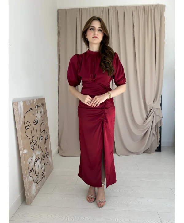Önü Büzgülü Bordo Saten Elbise